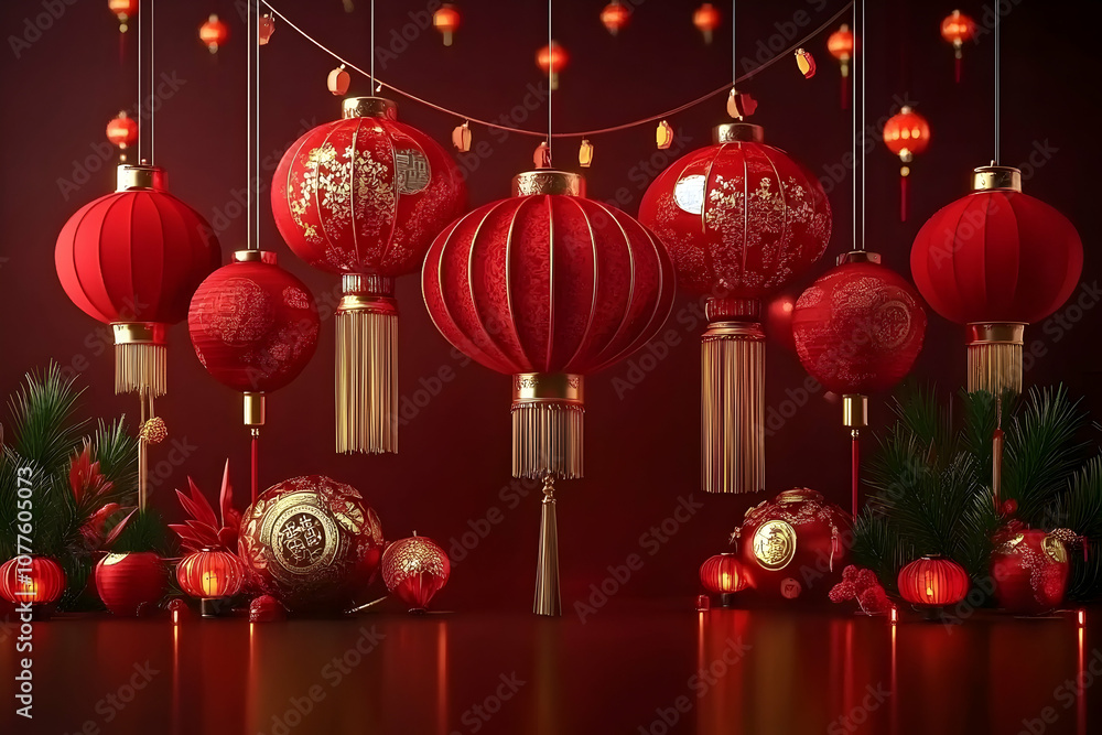 Chinese New Year Lanterns and Decorations, red lanterns, gold lanterns, Chinese decorations, festive decorations, Chinese culture Chinese New Year Lanterns and Decorations, red lanterns, gold lanterns, Chinese decorations, festive decorations, Chinese culture