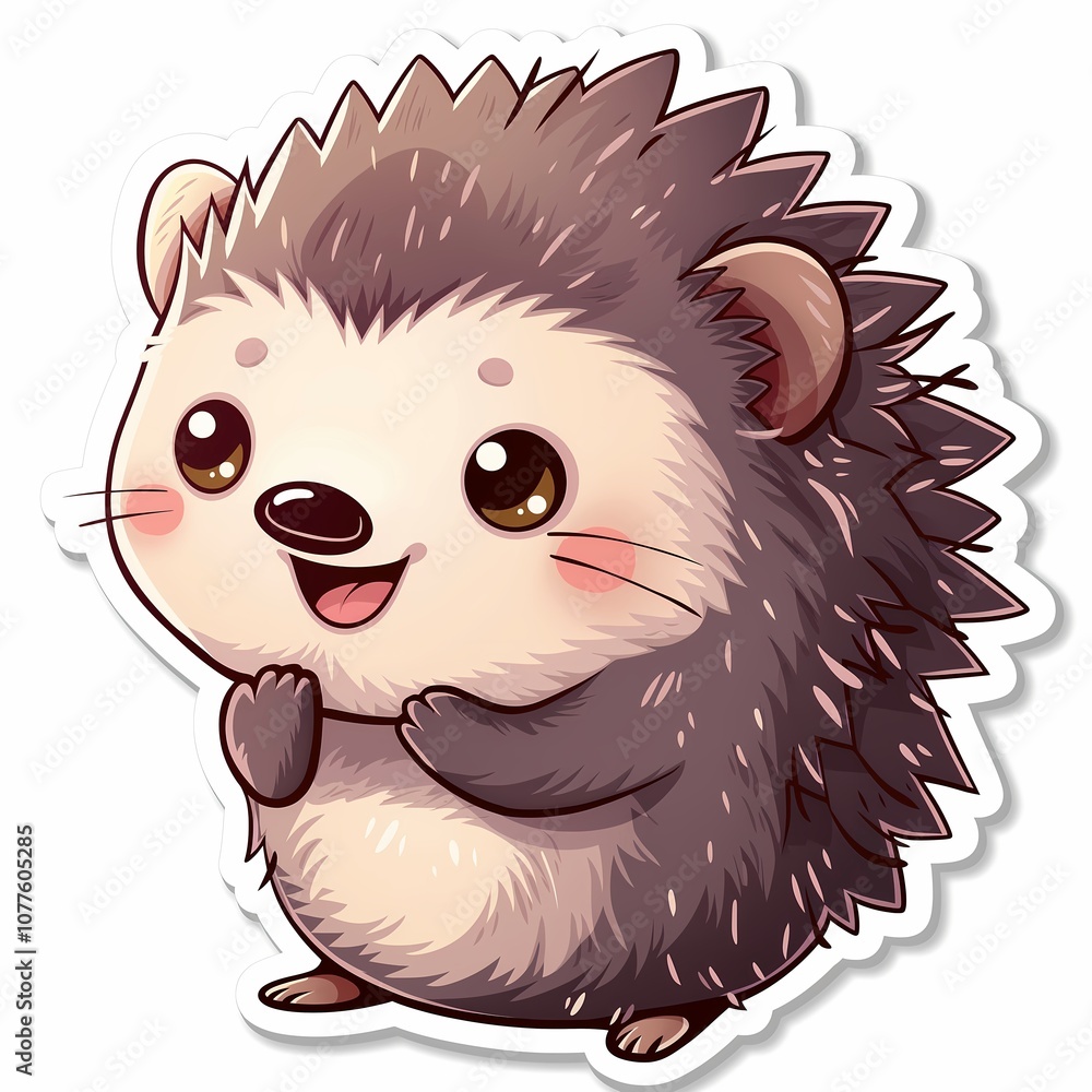 Adorable Cartoon Porcupine Sticker Design with Joyful Expression on White Background Adorable Cartoon Porcupine Sticker Design with Joyful Expression on White Background