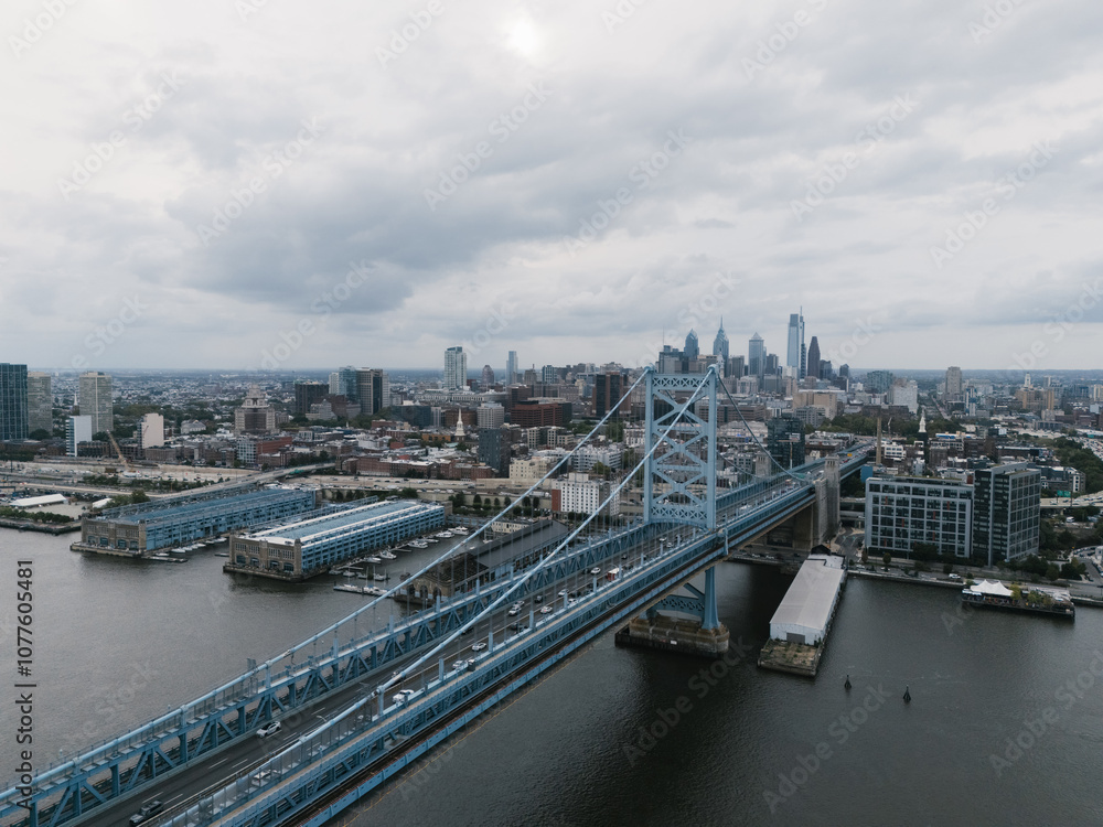 Aerial view of Ben Franklin Bridge and Philadelphia skyline Aerial view of Ben Franklin Bridge and Philadelphia skyline