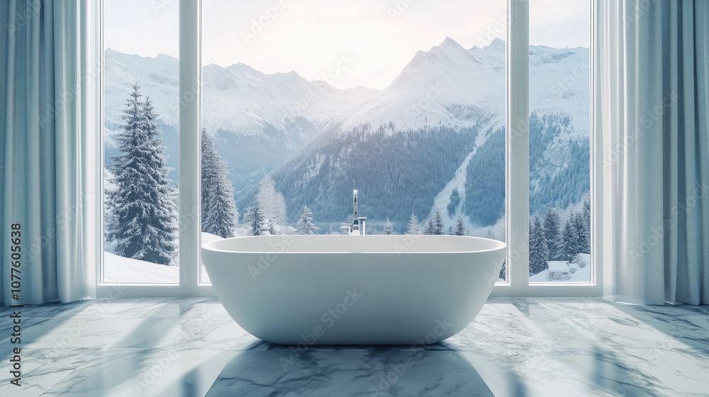 Bathtub in a modern minimalist hotel bathroom with a winter mountains view Bathtub in a modern minimalist hotel bathroom with a winter mountains view