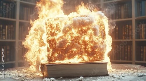 A book engulfed in flames with smoke and fire billowing from its pages in a library setting.