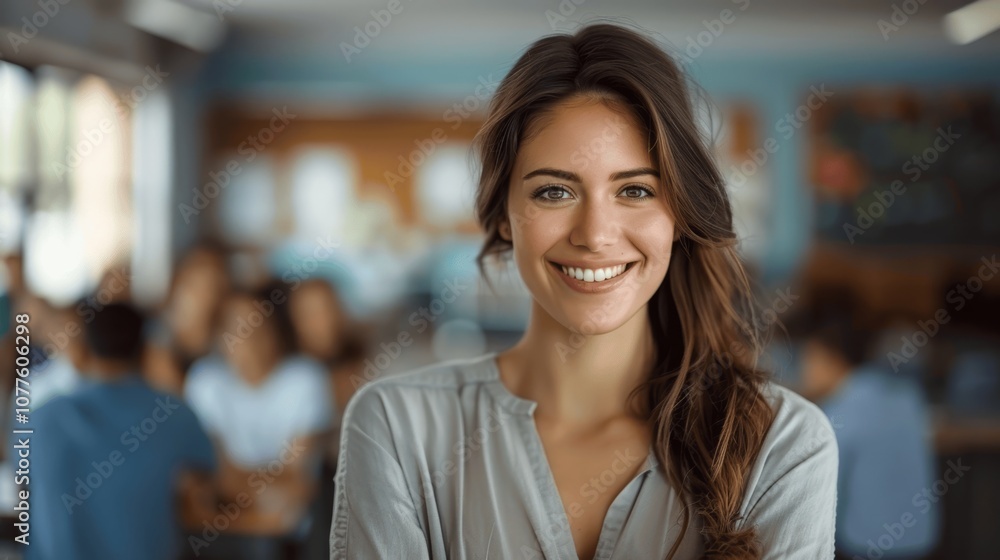 Portrait of Smiling Female Teacher in Classroom with Students Portrait of Smiling Female Teacher in Classroom with Students