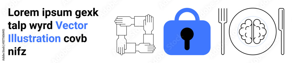 Text on left, illustration of hands forming a square, blue padlock with keyhole, brain on plate with fork and knife. Ideal for business, technology, education, security, teamwork, innovation Text on left, illustration of hands forming a square, blue padlock with keyhole, brain on plate with fork and knife. Ideal for business, technology, education, security, teamwork, innovation