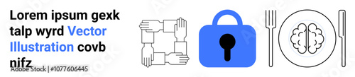 Text on left, illustration of hands forming a square, blue padlock with keyhole, brain on plate with fork and knife. Ideal for business, technology, education, security, teamwork, innovation