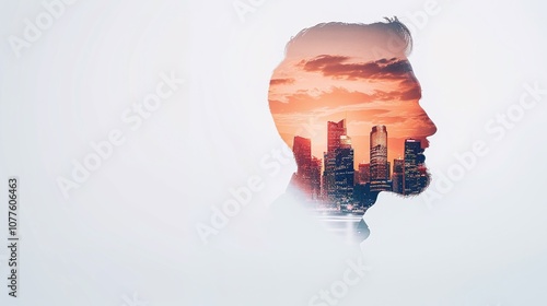 Silhouette of man, sunset city skyline, double exposure, urban scene, modern business concept, future vision, innovation, leadership