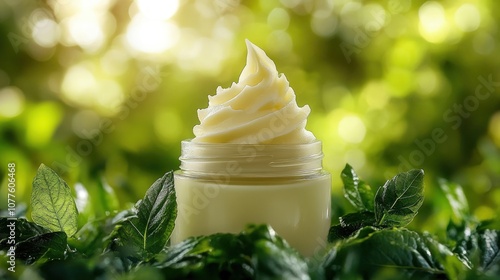 A small glass jar of creamy body butter with a swirl on top, surrounded by lush green leaves.