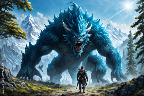 Ein kleiner Mensch steht vor einem riesigen Monster 