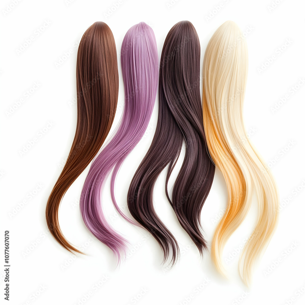 Four Different Colored Hair Extensions on a White Background, hairpiece, wig, hair color, blonde, brown Four Different Colored Hair Extensions on a White Background, hairpiece, wig, hair color, blonde, brown