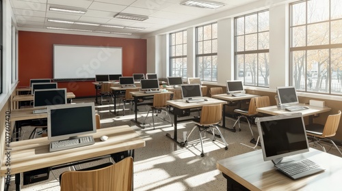 A bright high school classroom with several computer desks lined up, each equipped with a modern monitor and chair ,clean workspace.