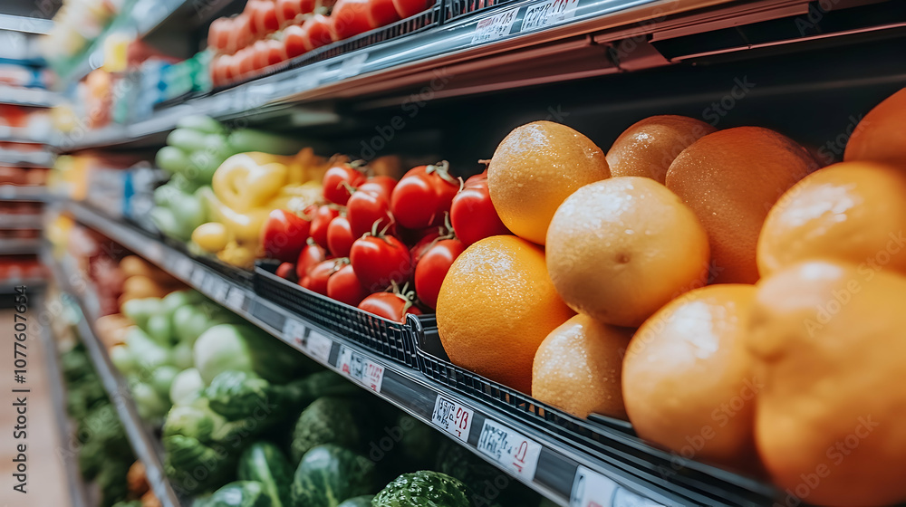 Fresh Produce in a Supermarket, grocery store, fruits, vegetables, tomatoes, oranges Fresh Produce in a Supermarket, grocery store, fruits, vegetables, tomatoes, oranges