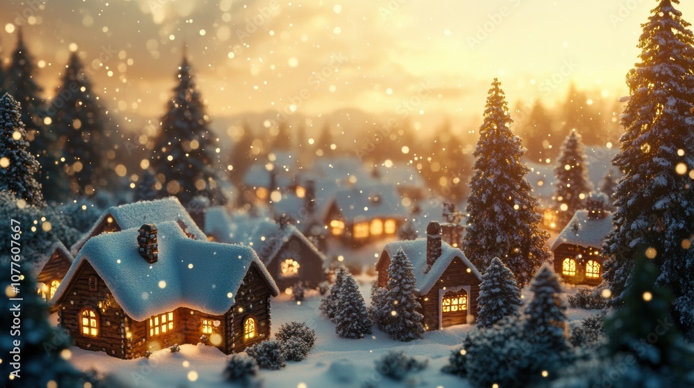 Obraz premium Snow blankets charming wooden cottages in a Christmas village, with warm lights glowing as dusk falls, creating a cozy, festive atmosphere. Generative AI