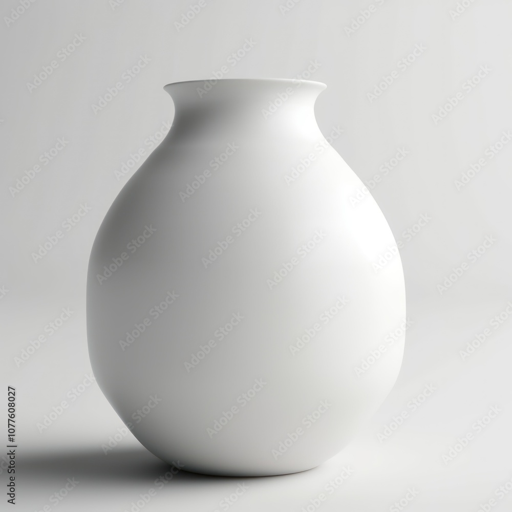A plain 3D-rendered ceramic vase, matte white, with smooth, rounded edges, centered on a white background. The lighting is soft and subtle A plain 3D-rendered ceramic vase, matte white, with smooth, rounded edges, centered on a white background. The lighting is soft and subtle