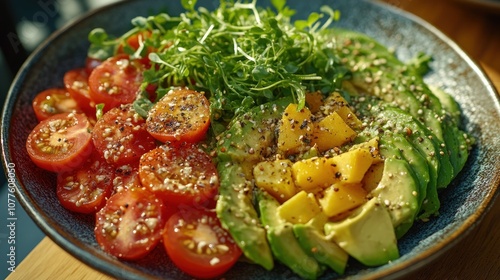 A plate of fresh avocado, mango, cherry tomatoes, and microgreens.