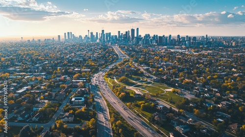 Fototapeta Naklejka Na Ścianę i Meble -  Aerial view of a city with roads, buildings, and parks