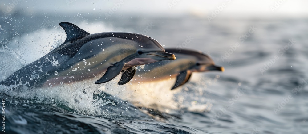 Obraz premium Two Dolphins Leaping Through a Wave at Sunset