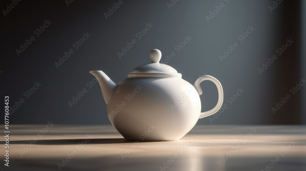 A plain 3D-rendered white ceramic teapot with smooth curves, placed on a plain white surface. The lighting is soft and minimal. A plain 3D-rendered white ceramic teapot with smooth curves, placed on a plain white surface. The lighting is soft and minimal.