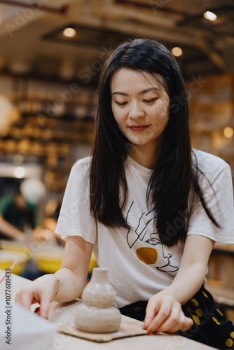 Young Woman Admiring Her Pottery Creation in Studio photo