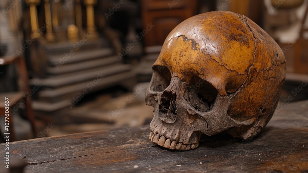 A human skull sits on a wooden table. A human skull sits on a wooden table.