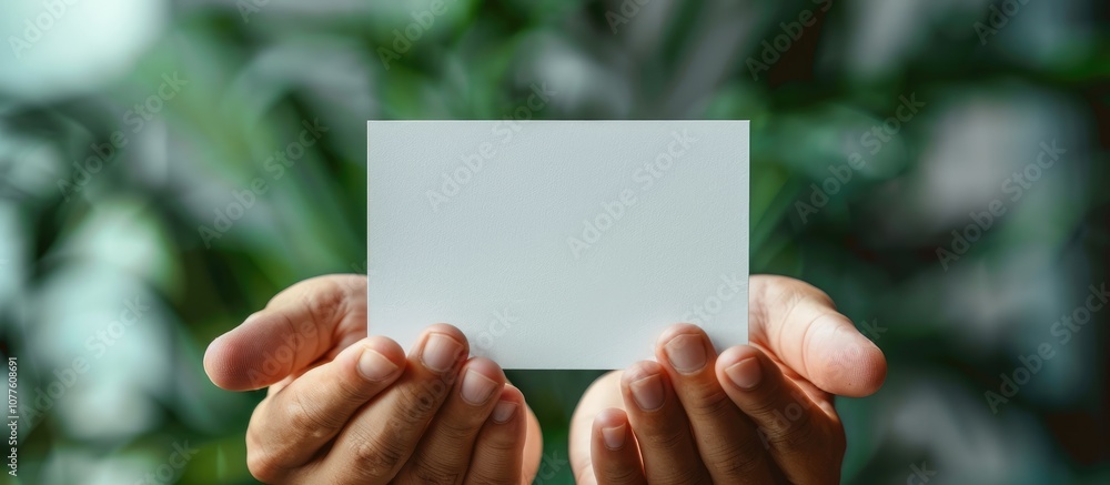 Blank Card Held by Hands in Front of Green Background Blank Card Held by Hands in Front of Green Background