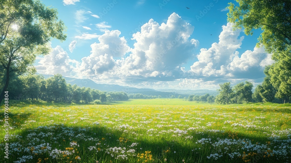 Fototapeta premium A serene landscape with a vibrant meadow and blue sky.