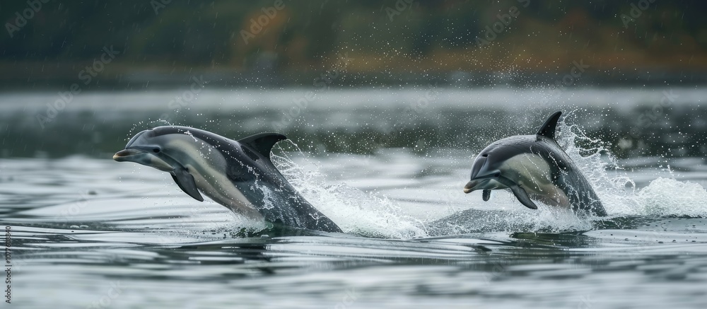 Obraz premium Two Dolphins Leaping Through Water with Spray