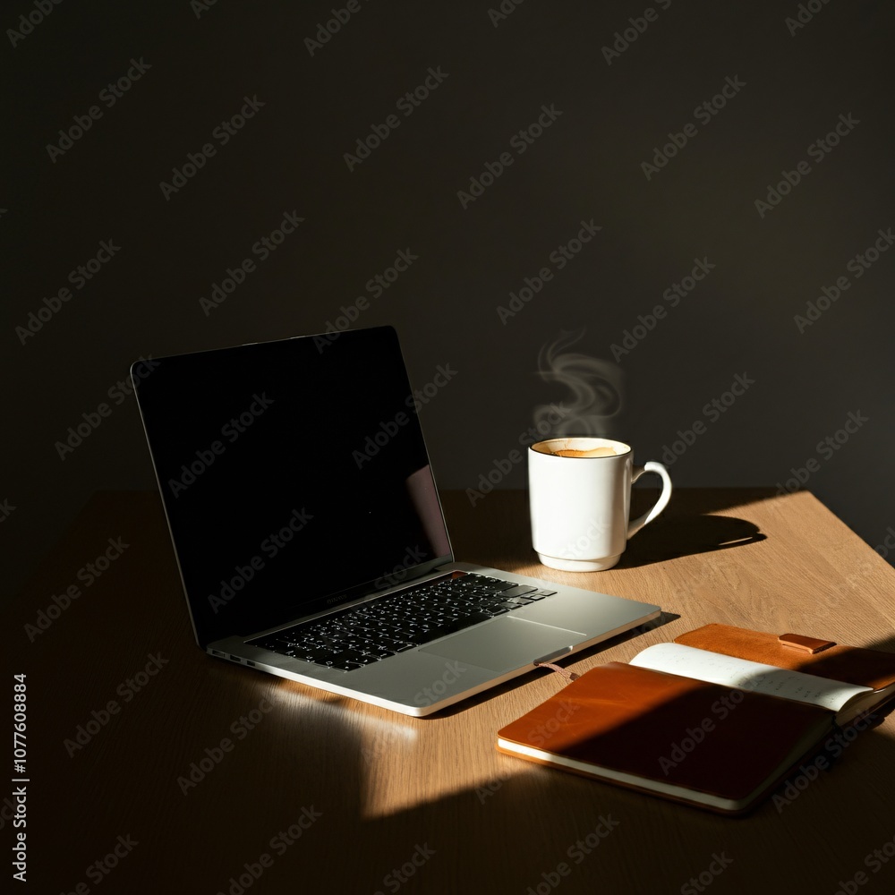 Fototapeta premium Modern workspace with a laptop, coffee, and notebook on a clean desk