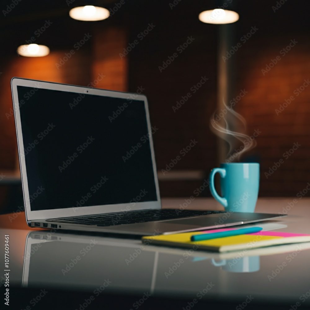 Naklejka premium Modern workspace with a laptop, coffee, and notebook on a clean desk