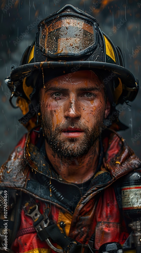 Fototapeta premium Firefighter Portrait: A Close-Up of Courage and Determination