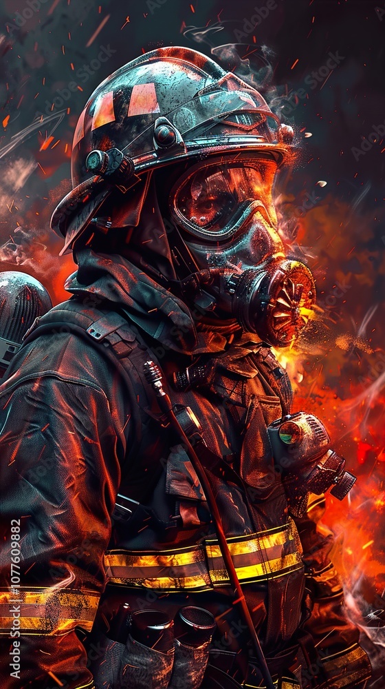Fototapeta premium Firefighter in Action: A Dramatic Portrait of Courage and Resilience