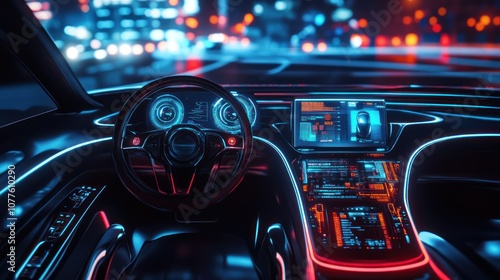 Futuristic Car Interior with Neon Lights