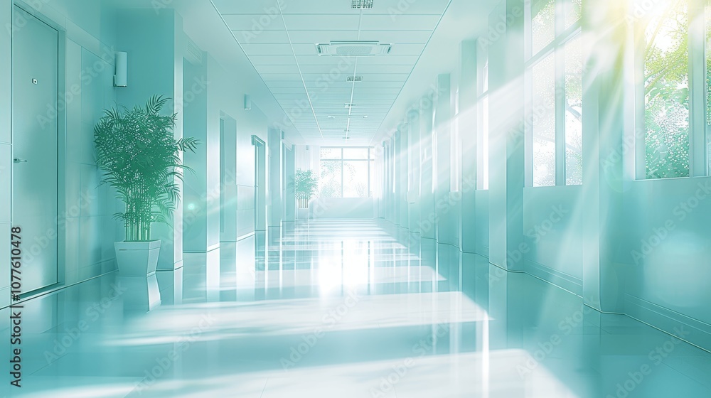 Modern Bright Hospital Corridor with Sunlight Modern Bright Hospital Corridor with Sunlight