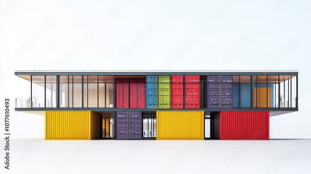 Obraz premium Modern house built from colorful shipping containers with large windows.