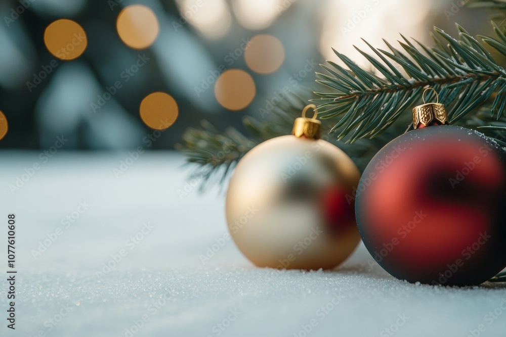 Fototapeta premium Two gold and red Christmas ornaments on a snowy background