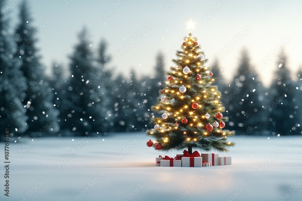 Obraz premium A Christmas tree with red and white ornaments sits in a snowy field
