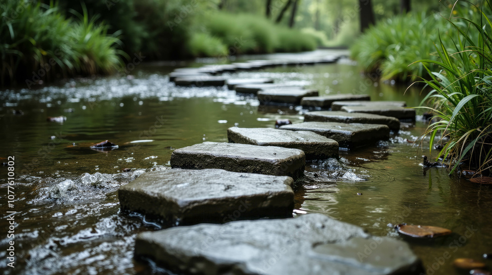 Obraz premium Stepping stones create a serene pathway across a gently flowing stream in a tranquil forest setting during late afternoon light