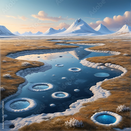 Siberian tundra landscape with methane bubbles escaping from thawing permafrost - craters and altered terrain. Siberian Tundra. Illustration