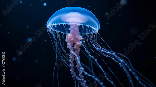 A glowing jellyfish gracefully floats through the dark depths of the ocean, displaying its vibrant tentacles and bioluminescence photo