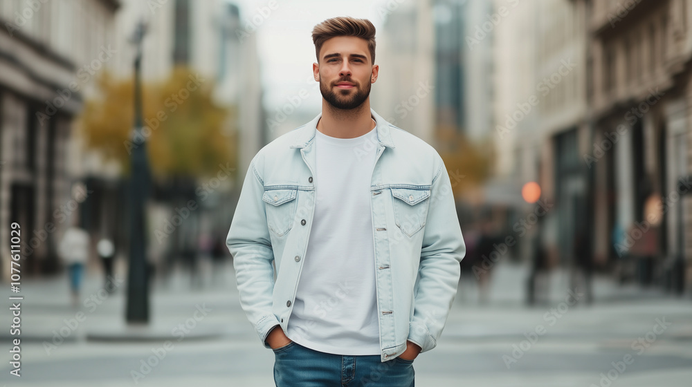 Fototapeta premium young man stands confidently in urban street, wearing light denim jacket and casual white shirt. city backdrop adds modern vibe to scene, showcasing blend of style and urban life.