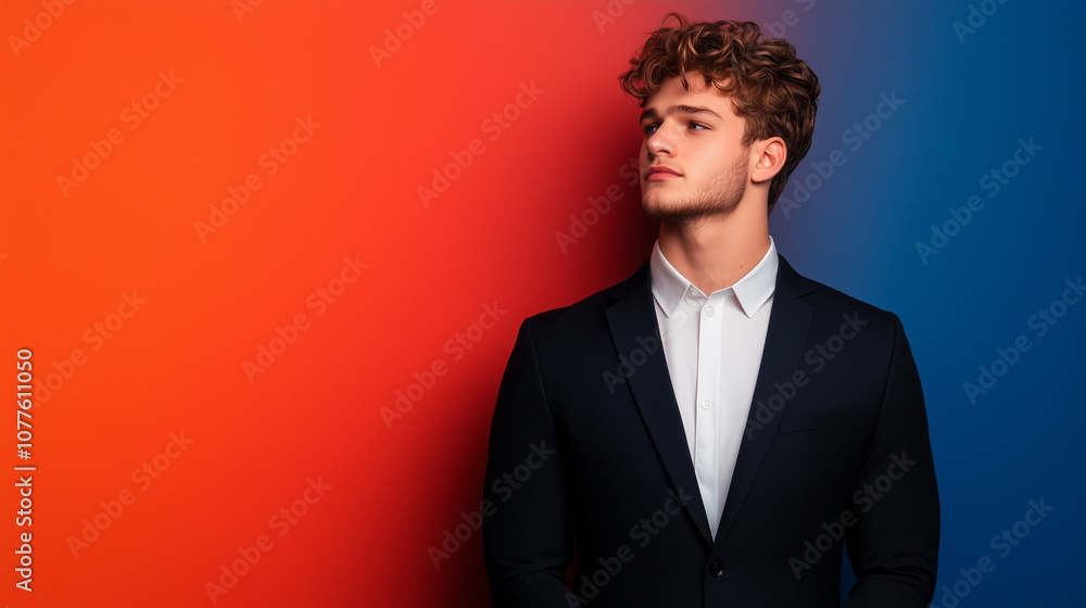 young man in black suit stands against vibrant orange and blue background, exuding confidence and style. His curly hair adds to modern look. young man in black suit stands against vibrant orange and blue background, exuding confidence and style. His curly hair adds to modern look.