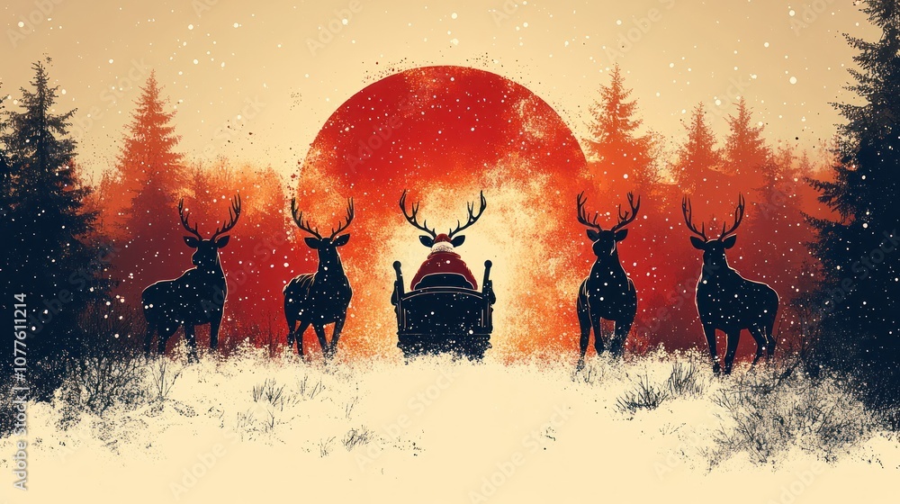 A simple outline of Santa sleigh flying through the air with minimalist reindeer. A simple outline of Santa sleigh flying through the air with minimalist reindeer.