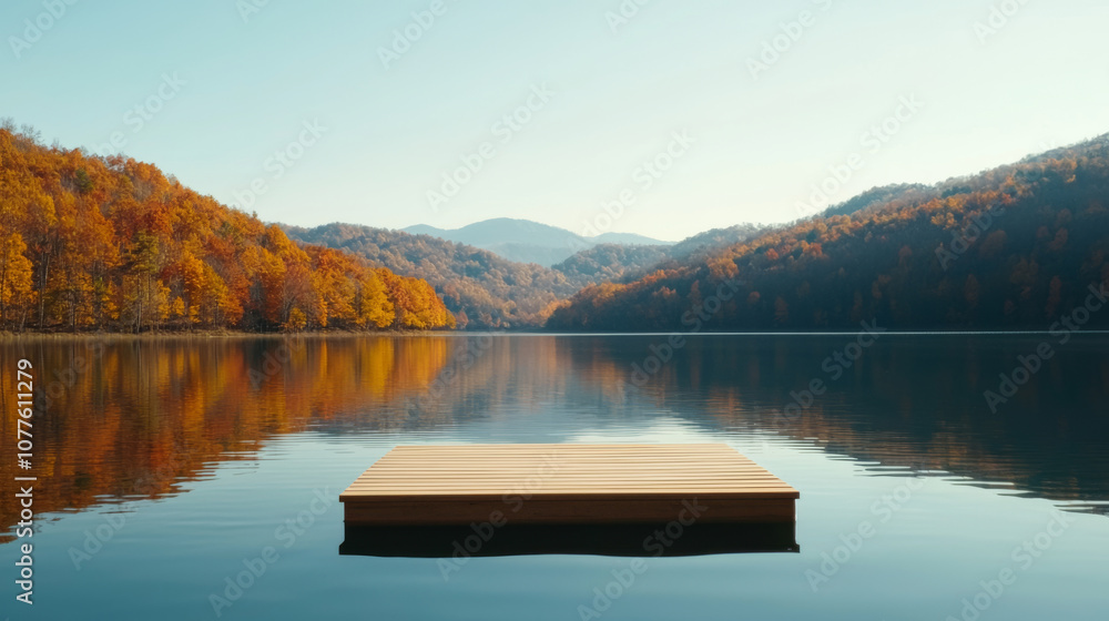 serene wooden dock on calm lake surrounded by vibrant autumn foliage and mountains under clear sky. peaceful scene evokes tranquility and natural beauty
