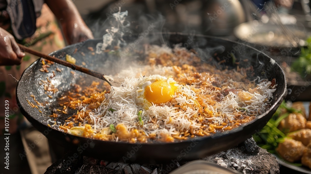 Fried rice sizzling on a hot stove, mixed with aromatic spices and topped with a freshly cracked egg. The dish is stir-fried to perfection, releasing a savory fragrance and golden color. Fried rice sizzling on a hot stove, mixed with aromatic spices and topped with a freshly cracked egg. The dish is stir-fried to perfection, releasing a savory fragrance and golden color.