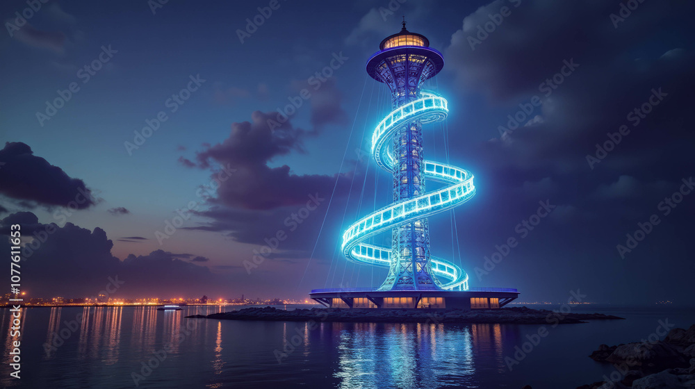 Obraz premium A stunning illuminated spiral tower by the waterfront at dusk, showcasing captivating blue lights against a twilight sky