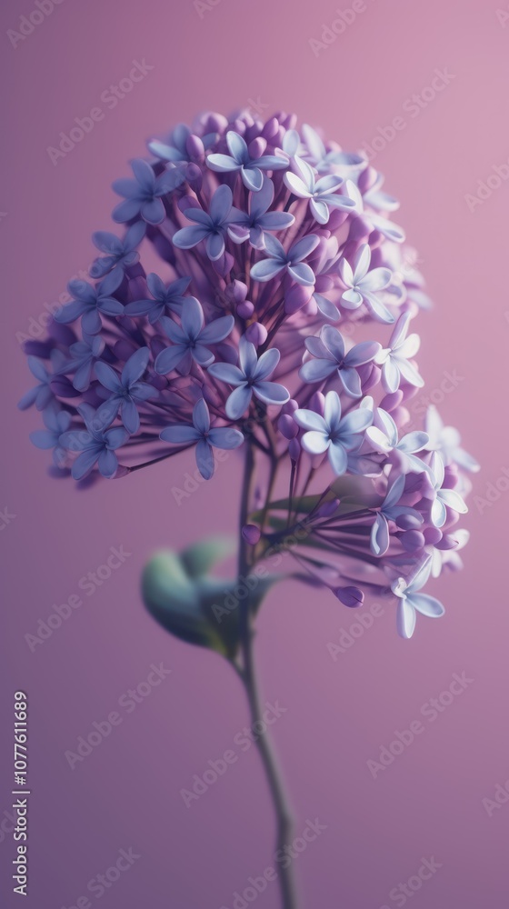 Obraz premium A single 3D-rendered lilac bloom, with small purple flowers clustered together. The background is a light pastel gradient, creating a calming effect.