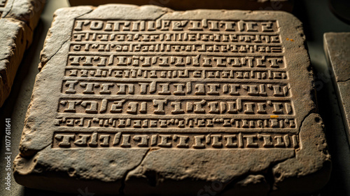 Ancient stone tablet featuring intricate inscriptions displayed in a museum during an informative exhibit on historical writing systems photo