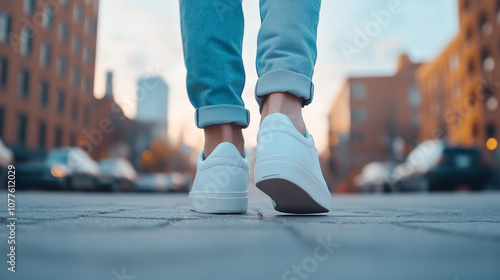 Casual white sneakers on person walking in city street at sunset.