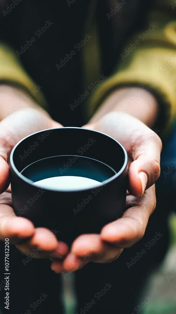 A pair of hands carefully holds a black cup filled with a clear liquid, likely water A pair of hands carefully holds a black cup filled with a clear liquid, likely water