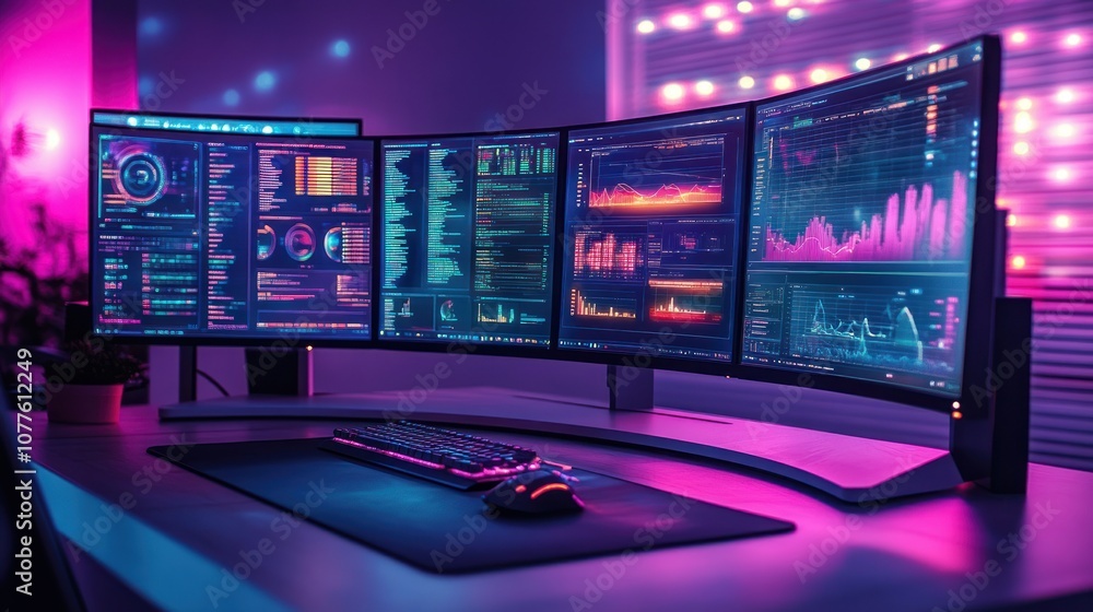 A modern office workspace with three computer monitors displaying graphs and data with a keyboard and mouse on the desk. The room is lit by colorful lights. A modern office workspace with three computer monitors displaying graphs and data with a keyboard and mouse on the desk. The room is lit by colorful lights.