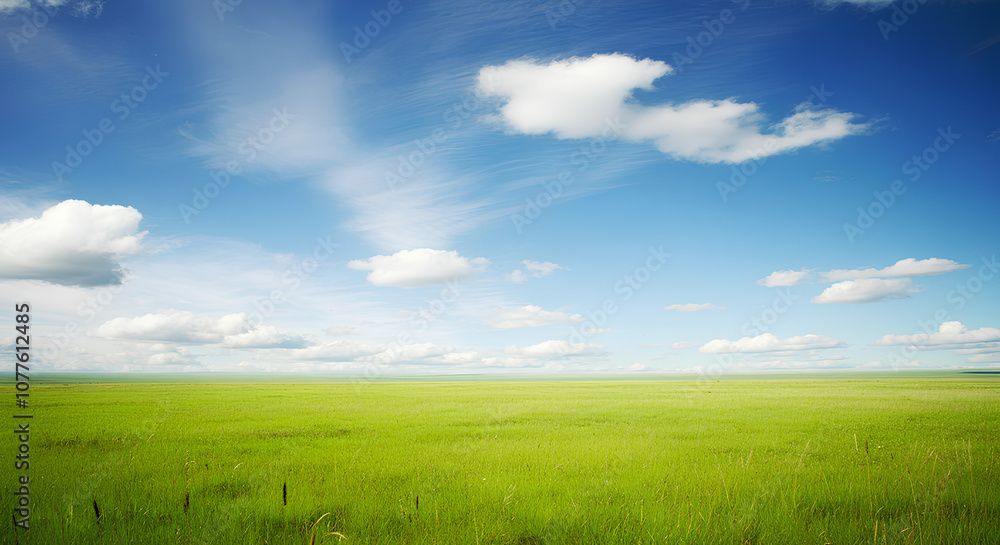A vast green meadow under a bright blue sky with scattered white clouds. A vast green meadow under a bright blue sky with scattered white clouds.