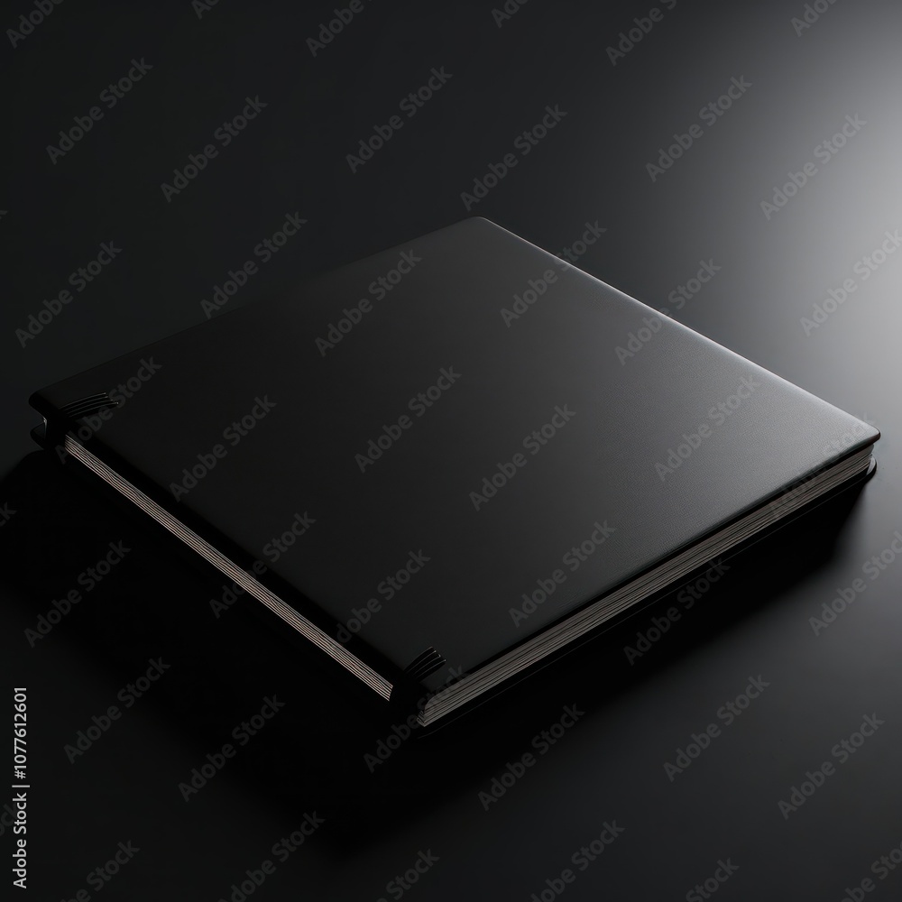 A sleek 3D model of a plain black notebook with no branding, placed on a black background with soft shadows A sleek 3D model of a plain black notebook with no branding, placed on a black background with soft shadows